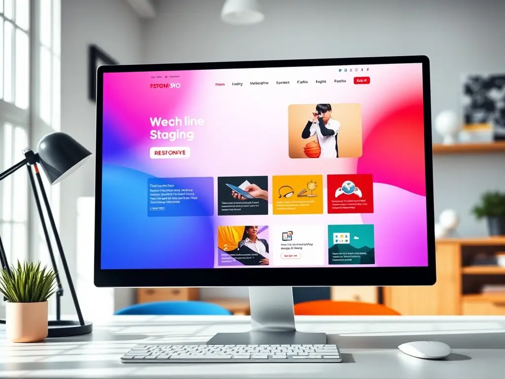 A modern website design displayed on a desktop monitor in a bright workspace.