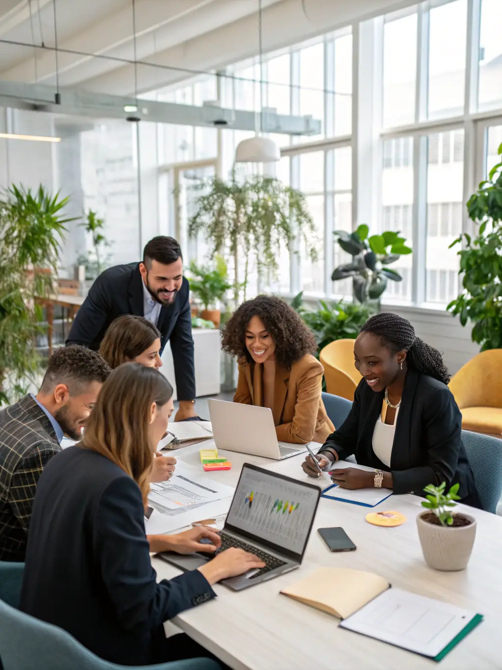 A diverse team collaborating on a website design project in a modern, collaborative workspace.