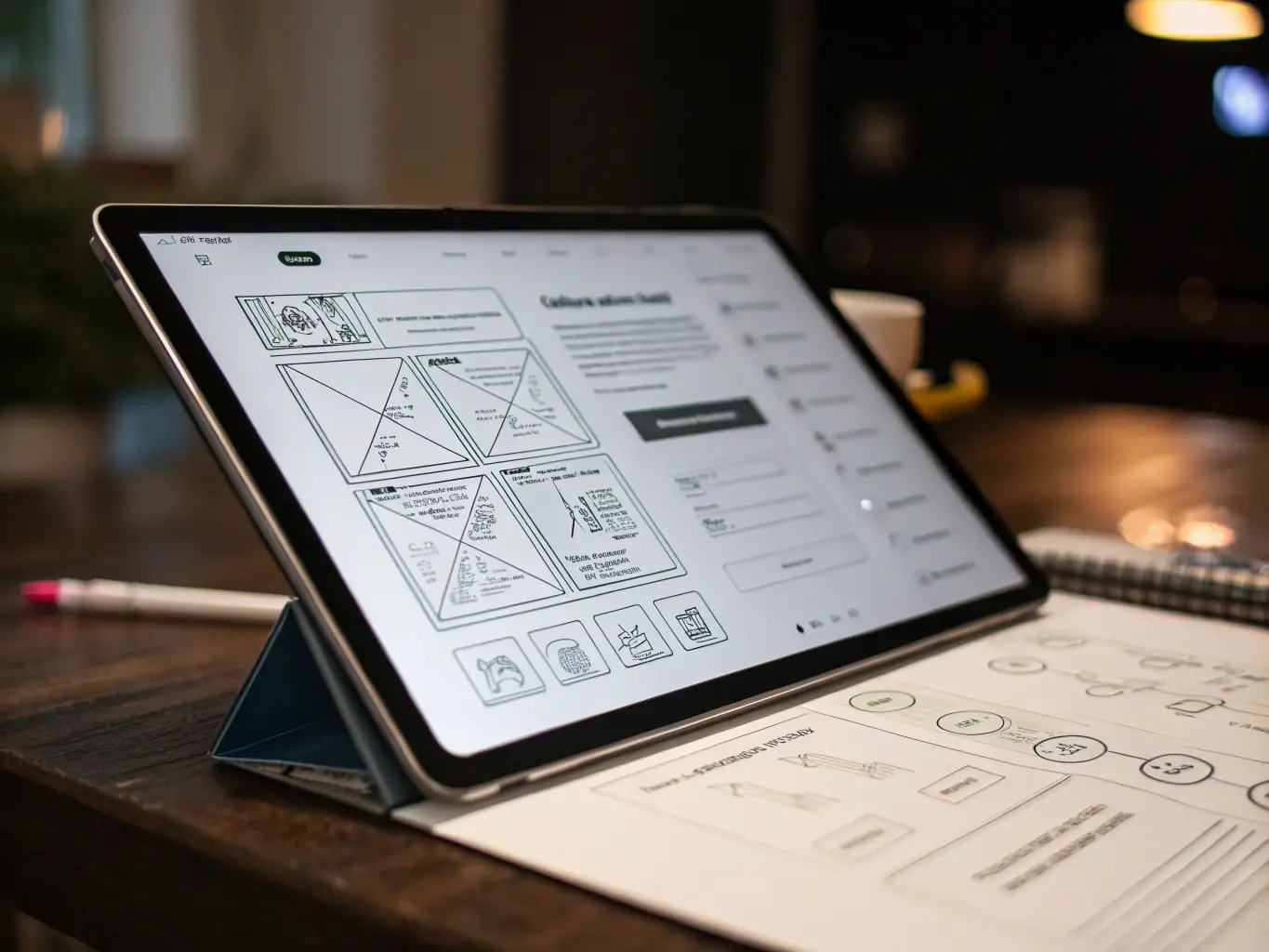 A person holding a tablet displaying a wireframe of a website, illustrating the planning and design process at Webdazzled.com.